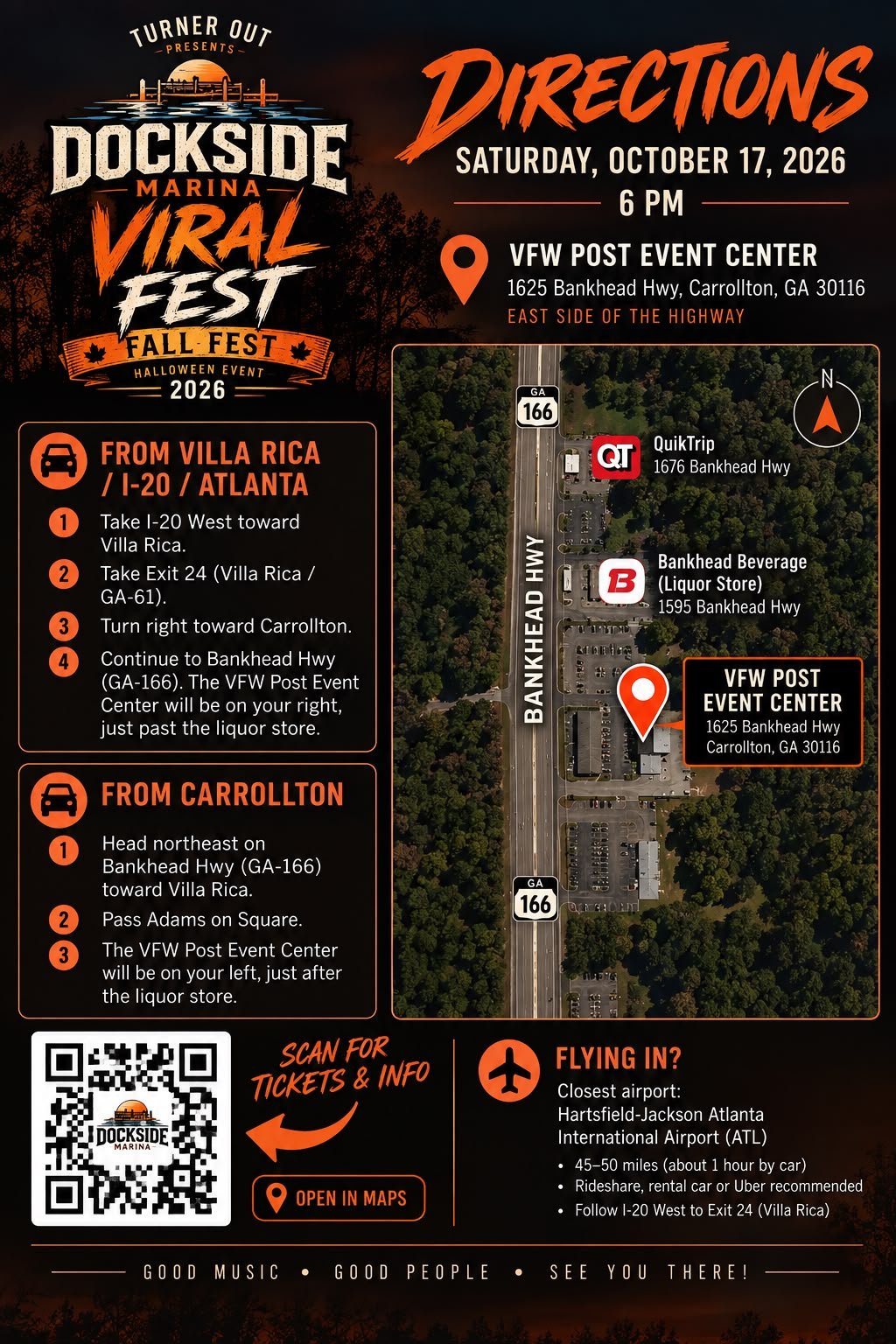 Directions to the VFW Post Event Center at 1625 Bankhead Hwy, Carrollton, showing the route from Villa Rica and I-20 and from Carrollton